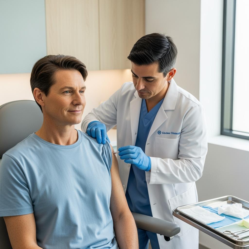 A middle-aged person sitting in a modern medical clinic, receiving a cortisone injection in the shoulder from a professional doctor wearing gloves, calm atmosphere, natural lighting, high detail, hyper realistic style