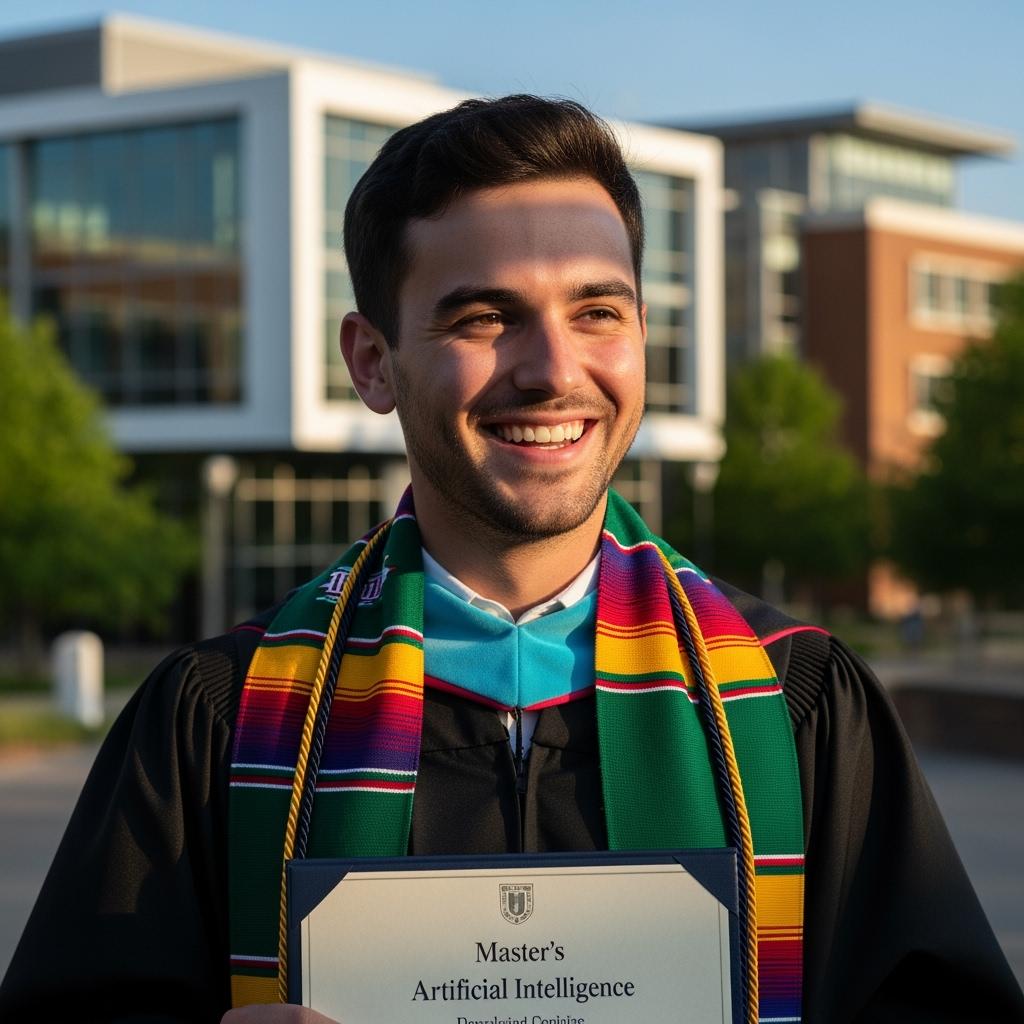 portrait d’un jeune diplômé souriant tenant son diplôme de Master en Intelligence Artificielle, en toge universitaire noire et écharpe colorée, devant un campus moderne, lumière naturelle.