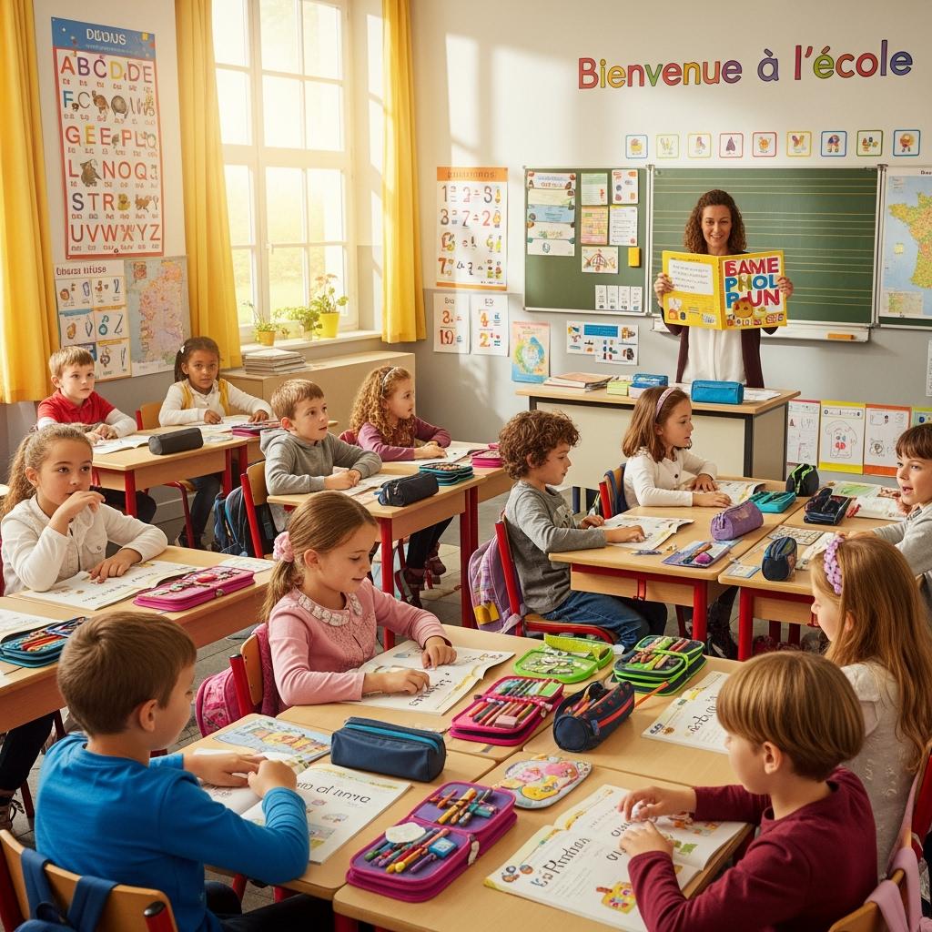 salle de classe de CP en France, avec des enfants de 6-7 ans assis à leurs bureaux, souriants et attentifs. L’enseignante montre un livre d’apprentissage de la lecture avec de grandes lettres colorées. Les élèves participent activement, certains lisent à voix haute, d’autres suivent du doigt sur leur livre.