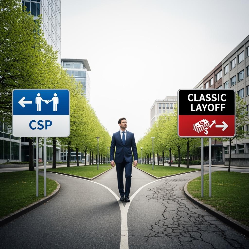 Un homme marche sur une route divisée en deux directions. Un panneau indique à gauche « CSP » avec pictogramme d’accompagnement professionnel, et à droite « Licenciement classique » avec pictogramme de trésorerie immédiate. 