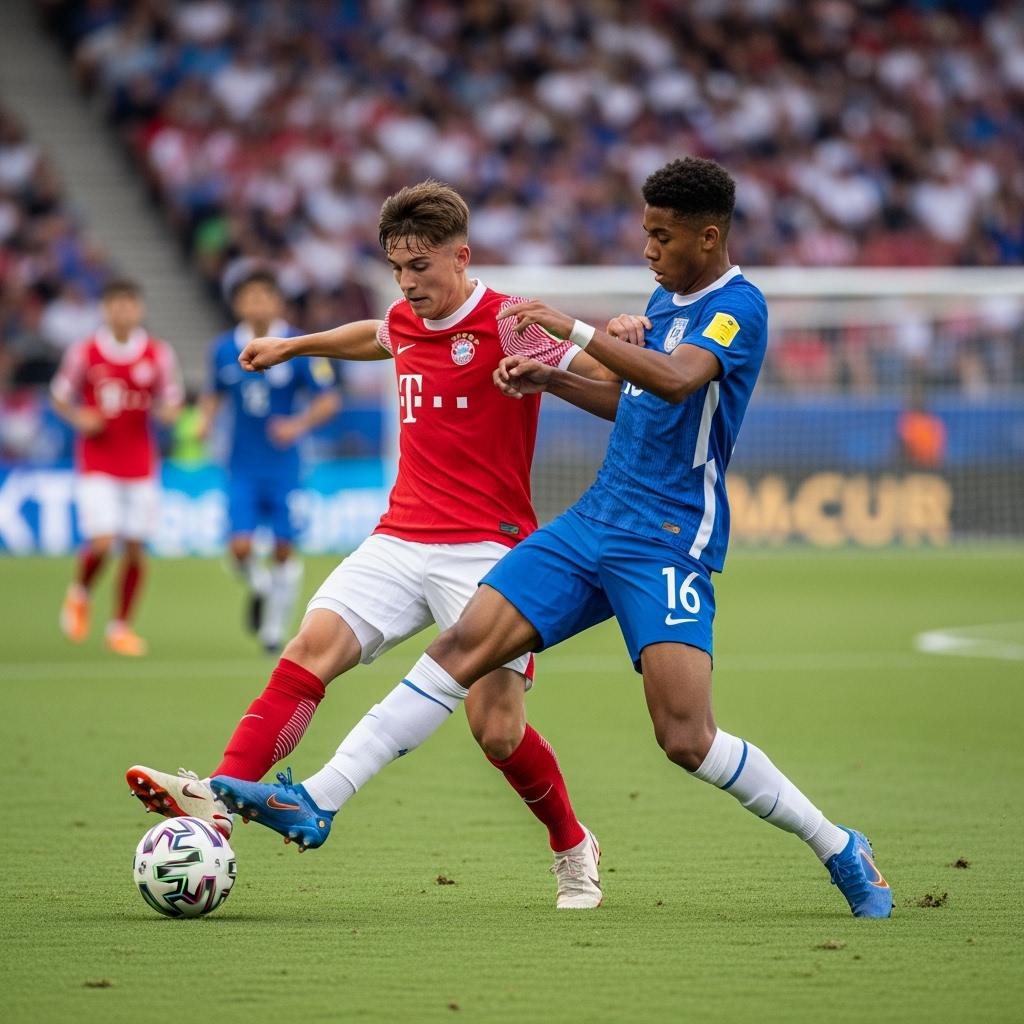match U17 sur grand terrain, duel entre deux joueurs pour récupérer le ballon, public en arrière-plan flou, expressions concentrées, mouvement figé