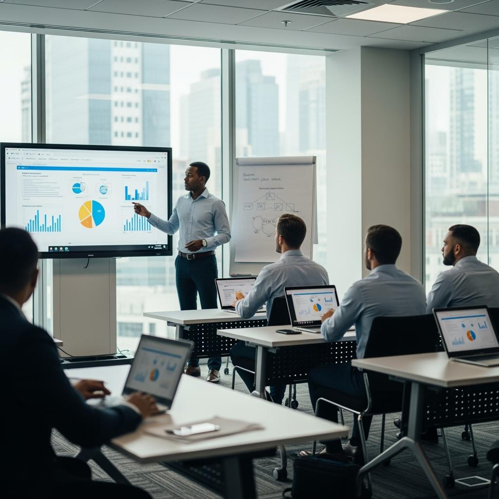 salle de formation lumineuse avec grandes baies vitrées, formateur debout devant un tableau interactif, participants attentifs assis avec leurs ordinateurs portables