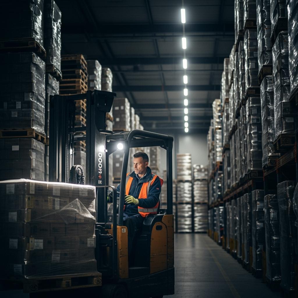 warehouse worker driving a forklift under artificial lighting at night, stacks of pallets around, precise and focused atmosphere.