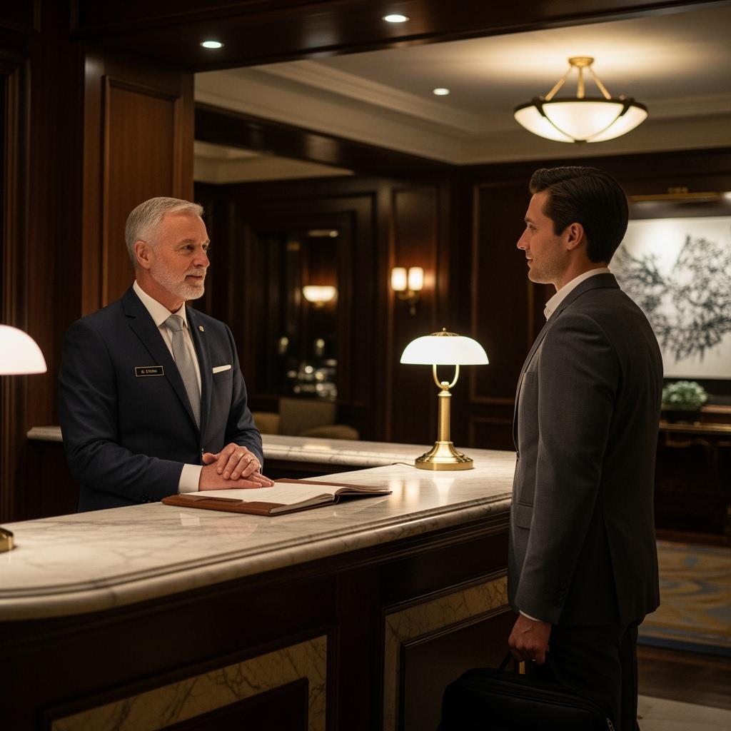 luxury hotel night concierge at a marble front desk, under soft lighting, assisting a guest in a formal setting. Elegant attire and polished décor.

