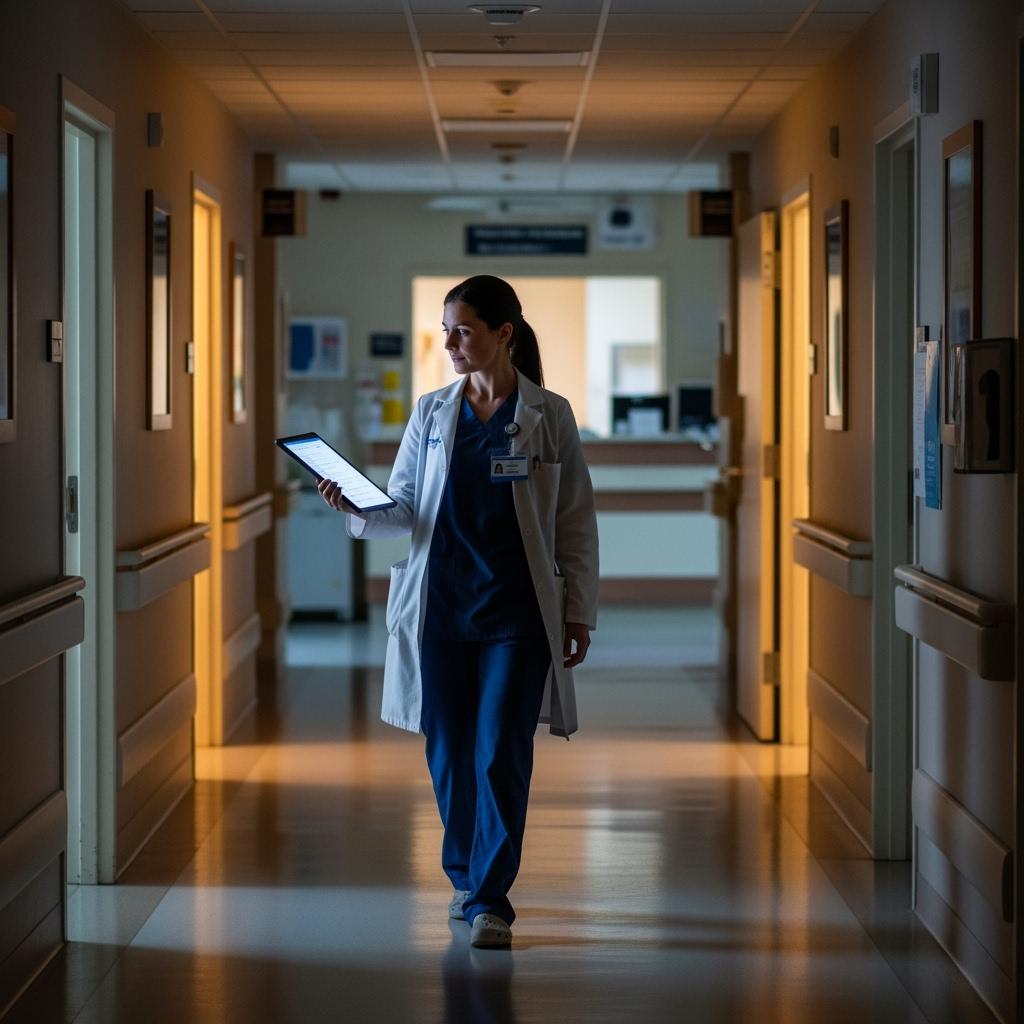 night shift nurse in a hospital corridor, holding a tablet, walking past quiet patient rooms under dim lighting. Calm atmosphere, professional demeanor.