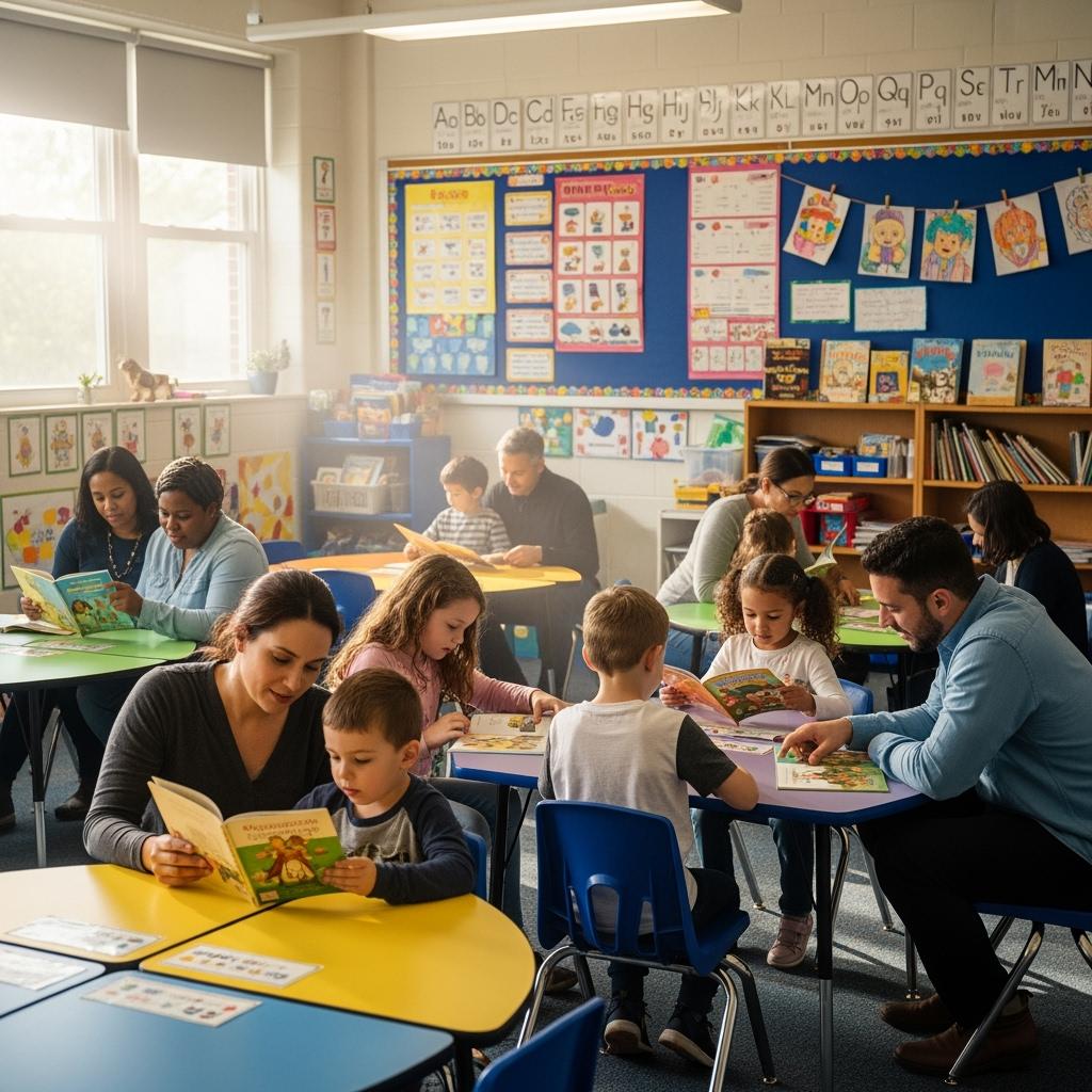 activité en classe de CP où quelques parents sont présents, assis avec les enfants pour les aider à lire.