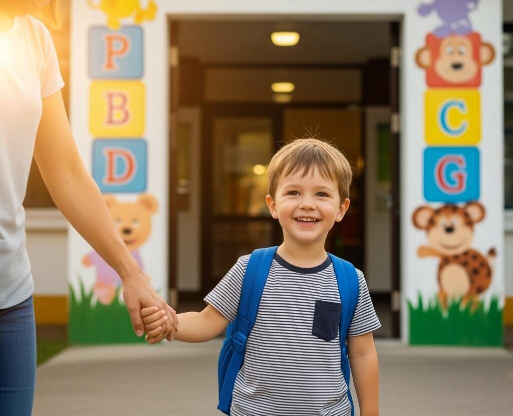 petit garcon qui rentre a la maternelle