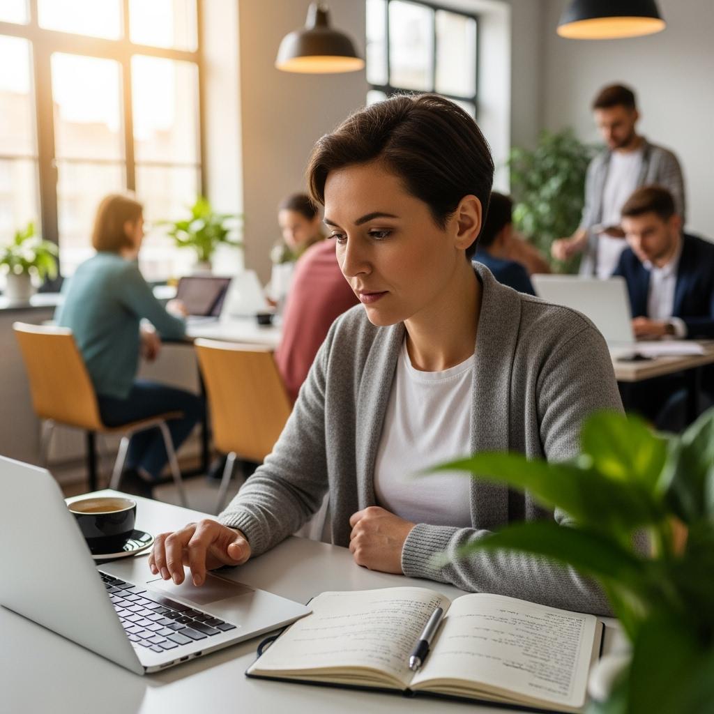 « Image réaliste montrant un adulte en reconversion professionnelle, la trentaine, devant un ordinateur portable, carnet de notes ouvert, dans un espace de coworking lumineux. Atmosphère motivante. »