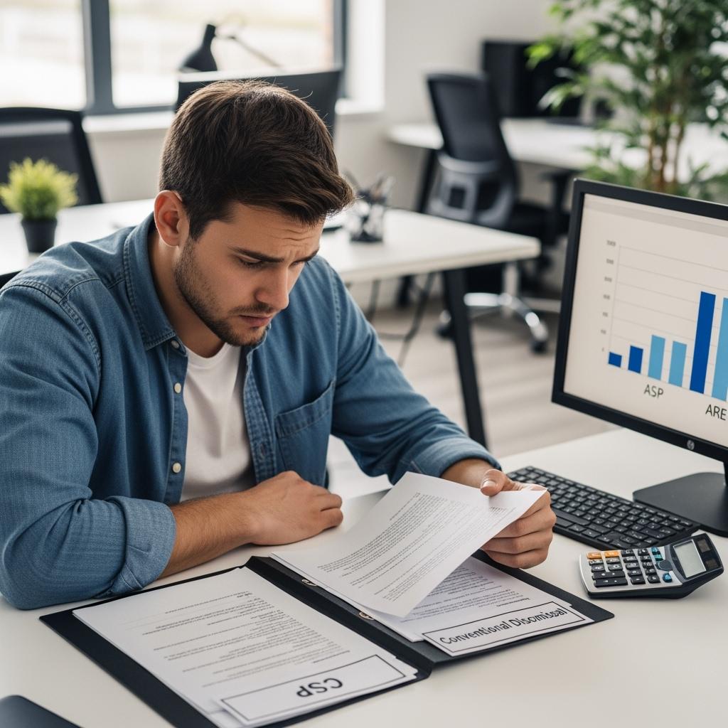 Un salarié en tenue de bureau, assis à son bureau avec des papiers administratifs devant lui. Il a un air préoccupé, regarde deux dossiers différents intitulés « CSP » et « Licenciement classique ». À côté de lui, une calculatrice et un ordinateur affichant un graphique comparatif (ASP vs ARE).