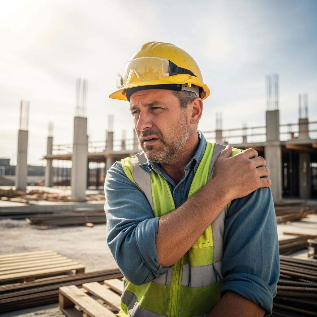 Male construction worker taking a break, holding his shoulder gently, wearing a yellow vest and helmet, outdoor building site background, concerned expression, hyper detailed photograph
