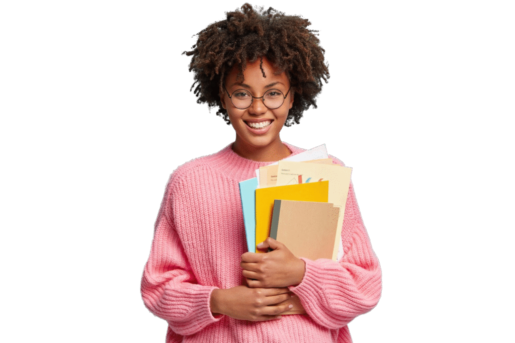 young-woman-with-afro-haircut-wearing-pink-sweater-holding-textbooks
