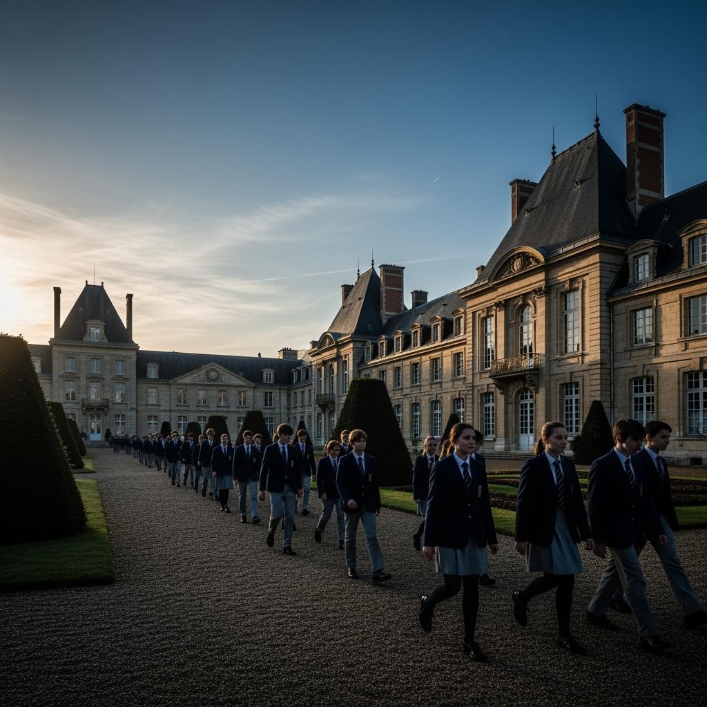 photo of a French boarding school courtyard at sunrise, with students in uniform walking in rows, a classical stone building in the background, neat hedges, clear blue sky, moody light — professional documentary style