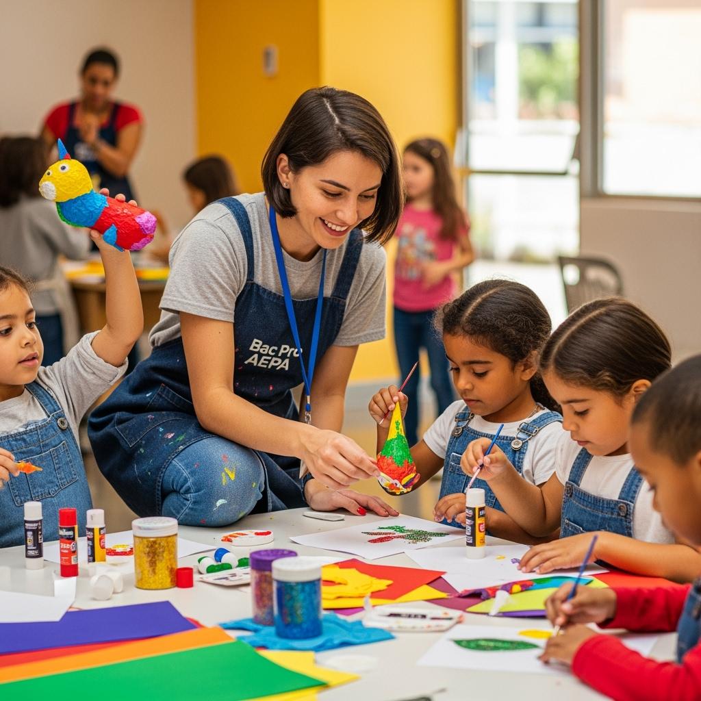 jeune animatrice en Bac Pro AEPA organisant une activité manuelle avec des enfants dans une MJC, ambiance conviviale, enfants impliqués.