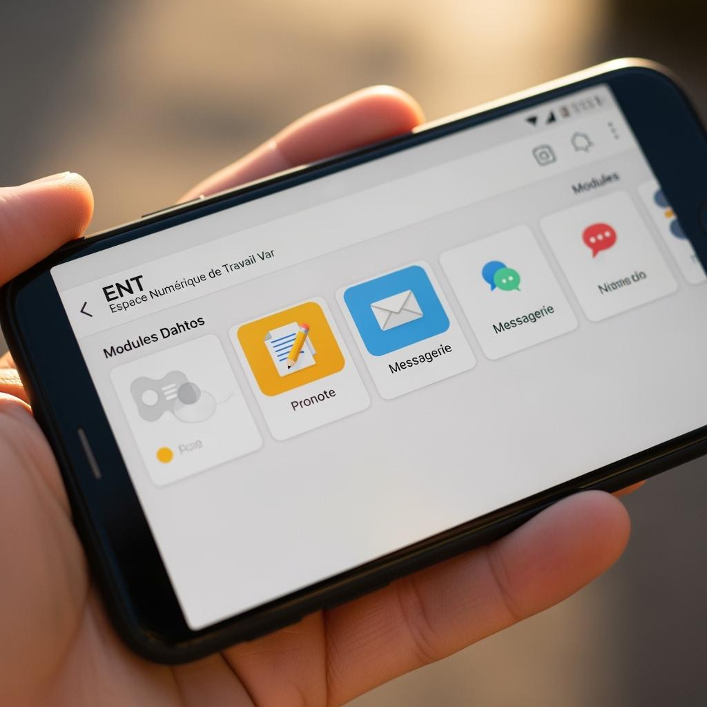 Close-up of a smartphone held in hand, showing the ENT Var interface with modules like Pronote and messaging, hyperrealistic screen detail, background blurred, daylight