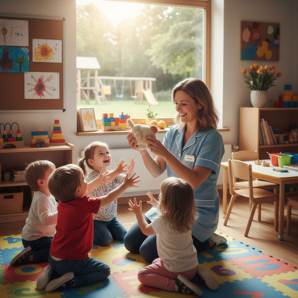Une femme adulte (35-40 ans) en reconversion, en blouse professionnelle, jouant avec un groupe d’enfants dans une crèche, ambiance chaleureuse