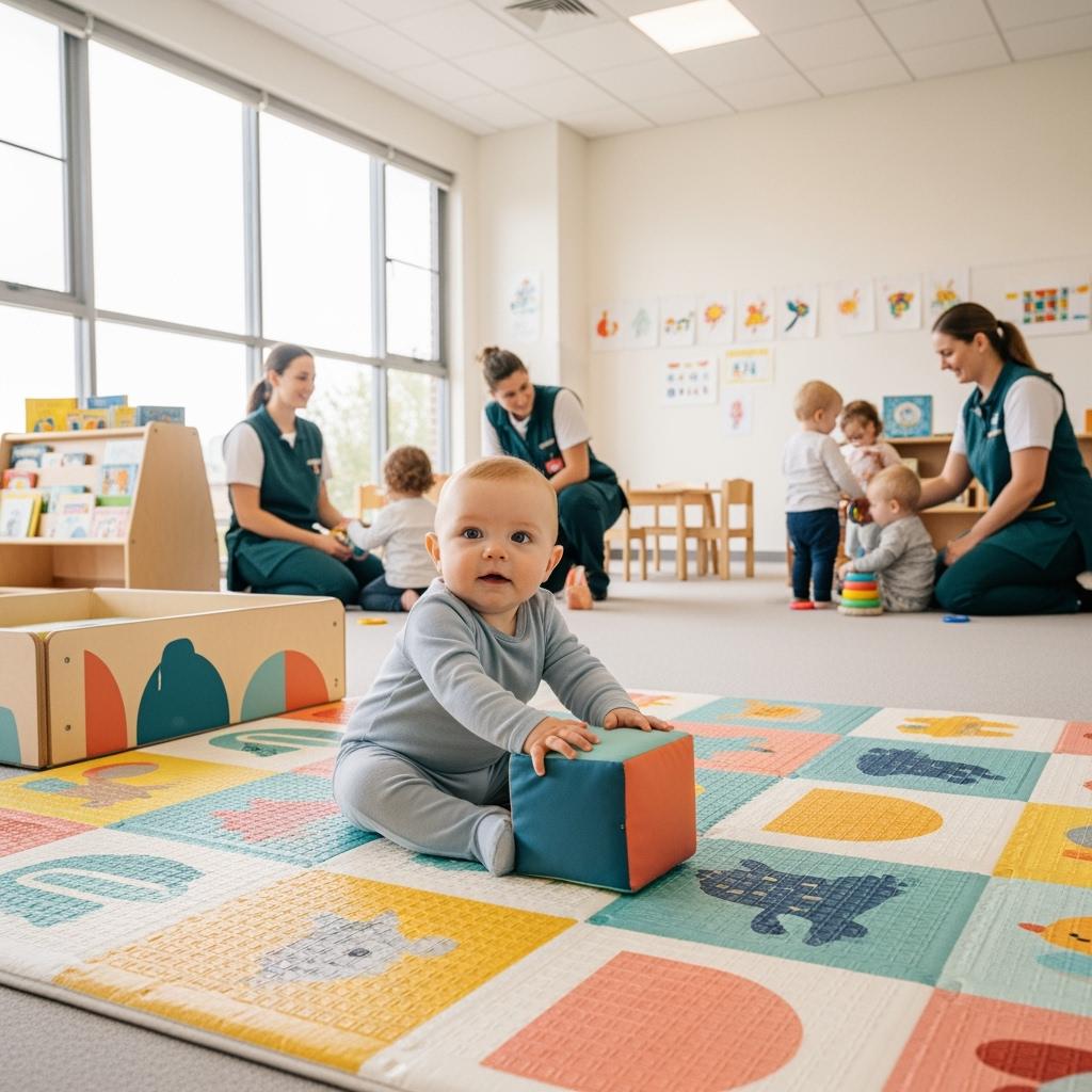 “Infant playing on colorful mat in a modern municipal daycare, with natural lighting, warm tones, secure furniture, staff in the background interacting kindly, hyper-realistic photograph”