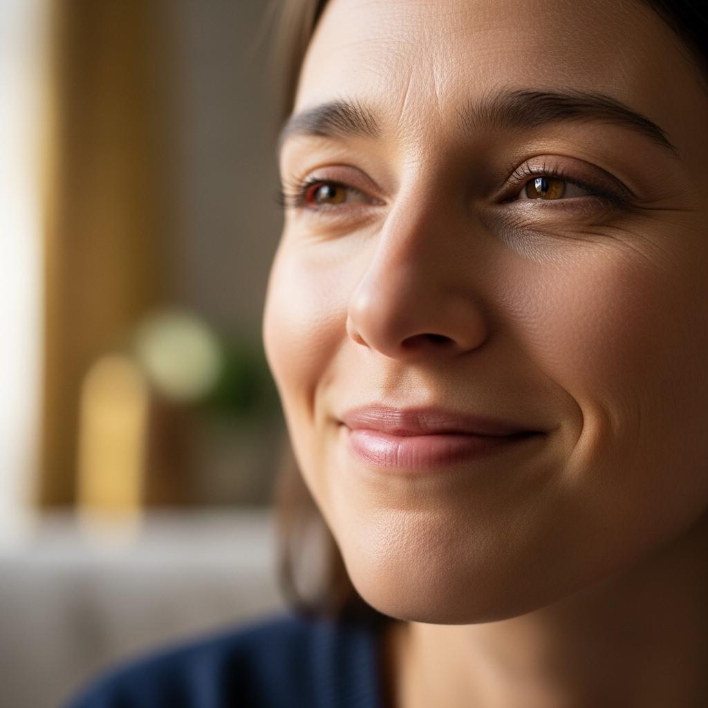 A photorealistic close-up of a smiling person after a hypnosis session, looking relieved and peaceful, natural daylight, warm tones, calm background.