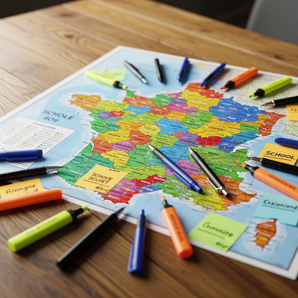 carte de France posée sur une grande table en bois, avec des zones colorées par académie scolaire, des stylos et surligneurs autour, ambiance organisation et anticipation des vacances, style photo pédagogique moderne.