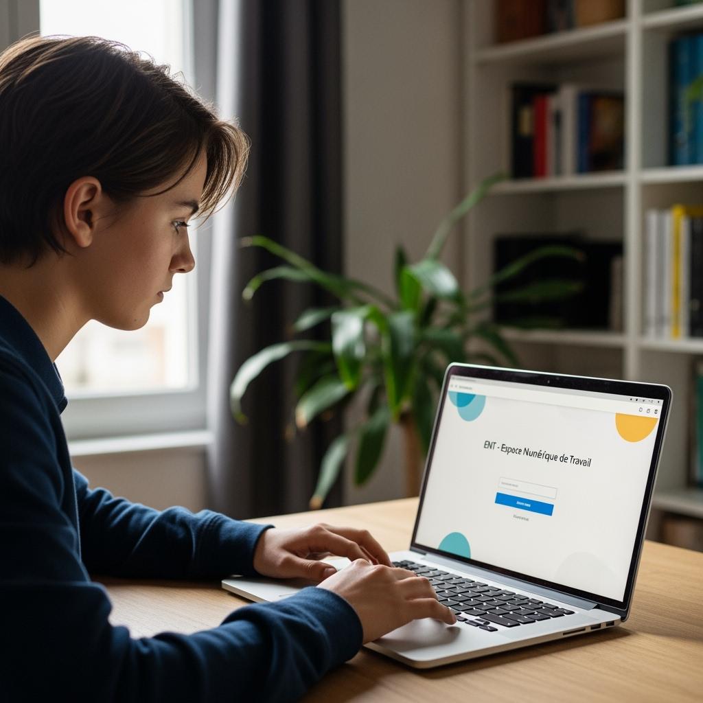 A teenage student sitting at a desk, using a laptop to log in to a school digital portal (ENT), visible on screen, natural light from window, realistic home background, expression focused