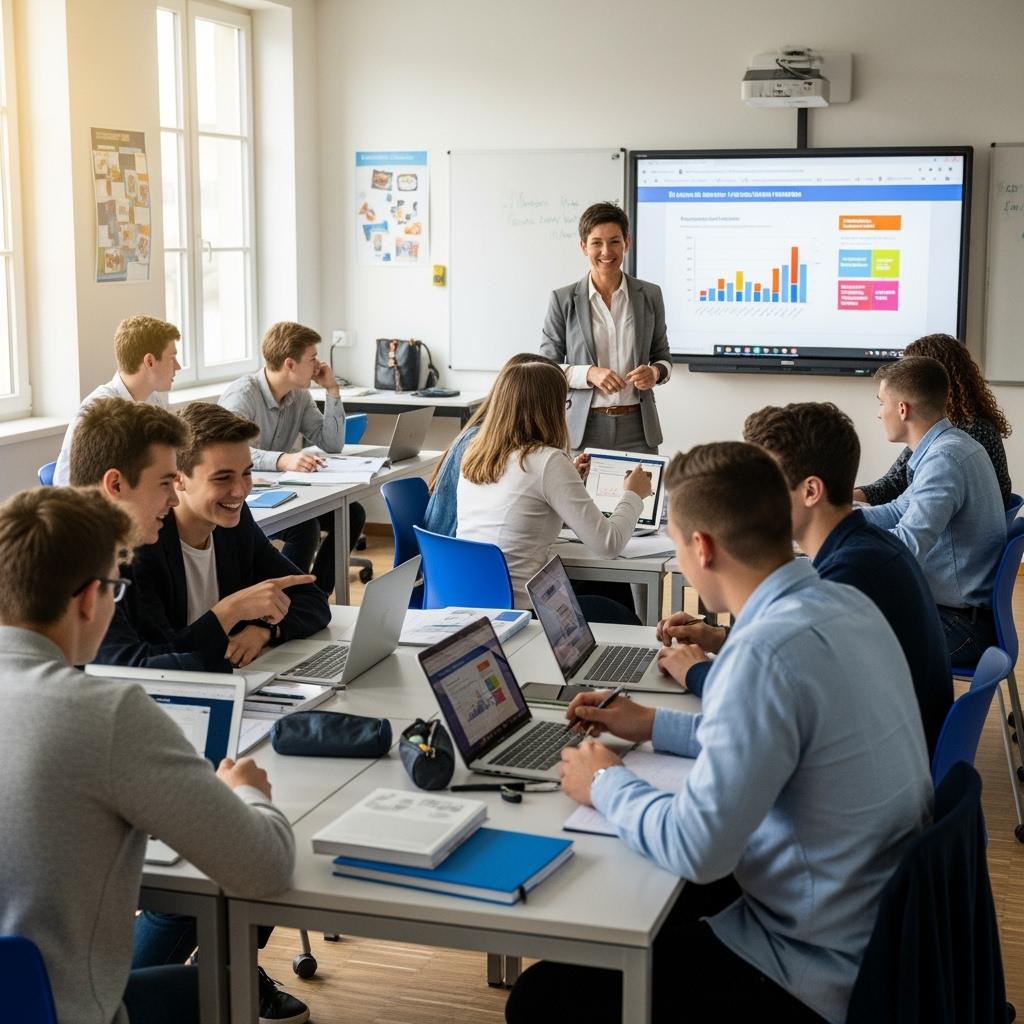 Salle de classe moderne avec une dizaine de jeunes étudiants en BTS commerce, assis en petits groupes, travaillant ensemble sur un projet