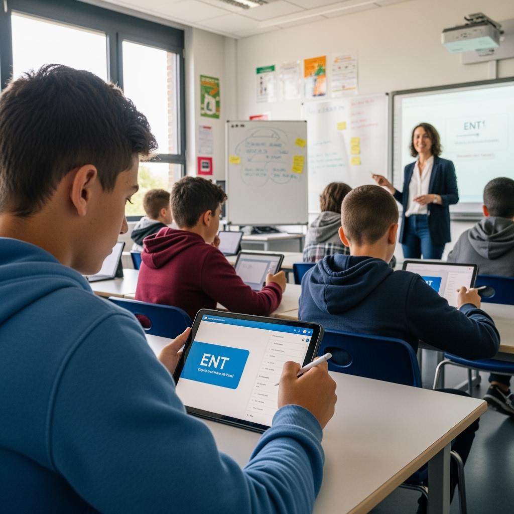 A middle school classroom scene, student using a tablet to access the ENT platform, modern educational setting, attentive students and teacher in background, natural lighting