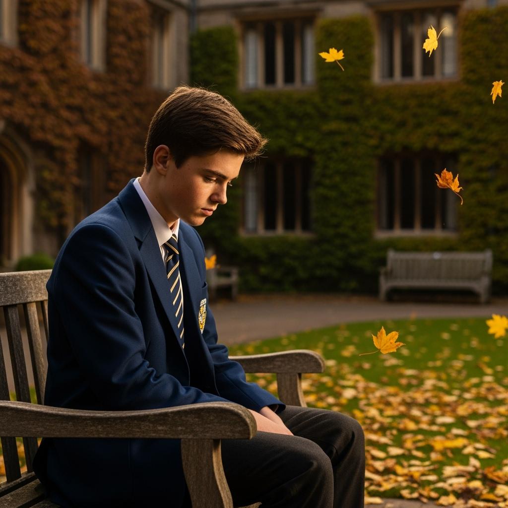 portrait of a thoughtful teenager sitting alone on a bench in a boarding school courtyard, wearing a uniform, autumn leaves, soft dramatic lighting