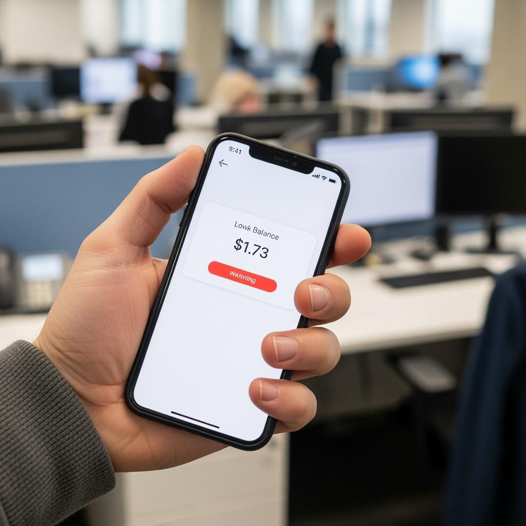 Gros plan sur une main tenant un smartphone affichant un solde bancaire très bas. L’arrière-plan est flou, mais montre un lieu de travail.