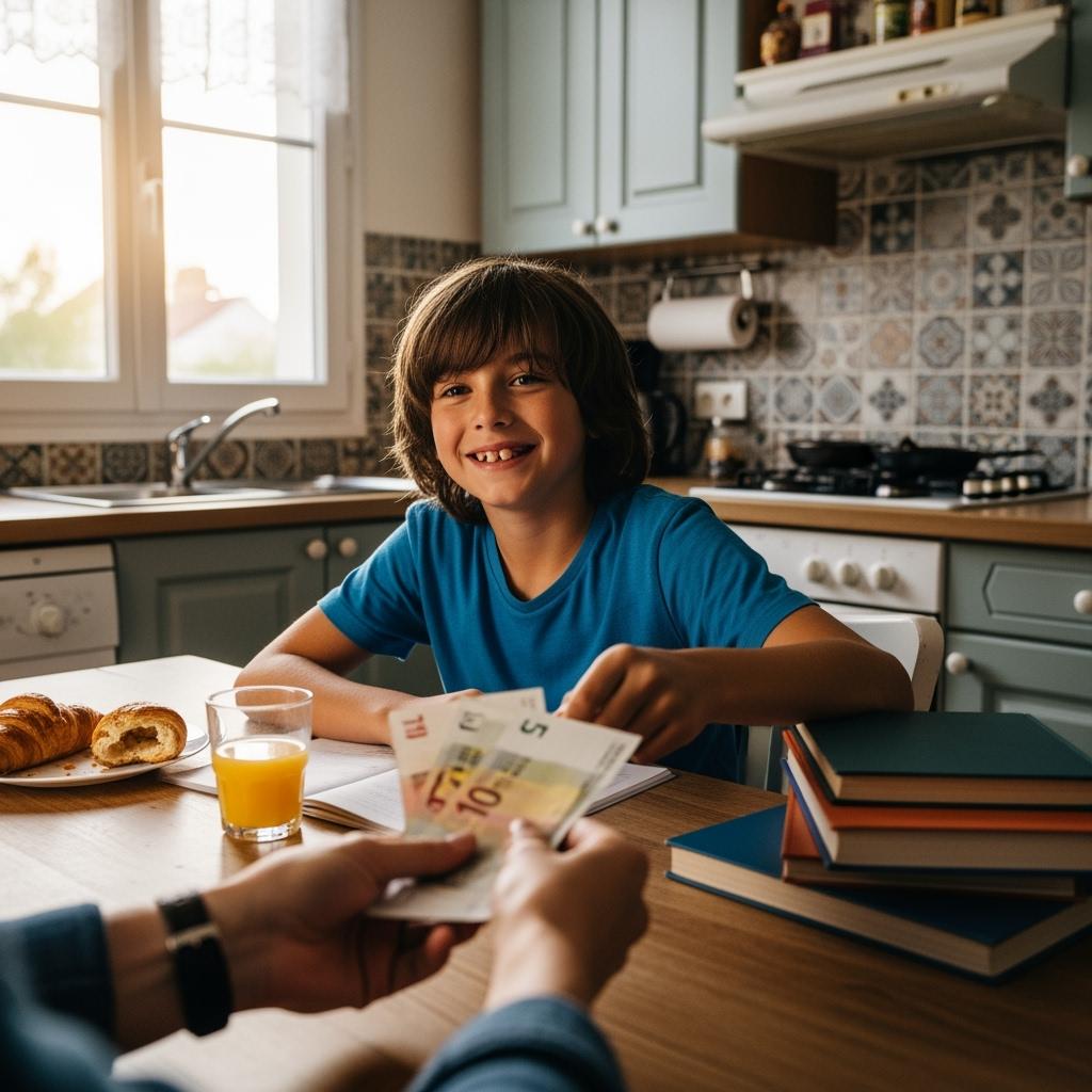 A 10-year-old boy sitting at a kitchen table, smiling, while a parent hands him a few euros. Realistic lighting, home interior, natural daylight, French suburban home.