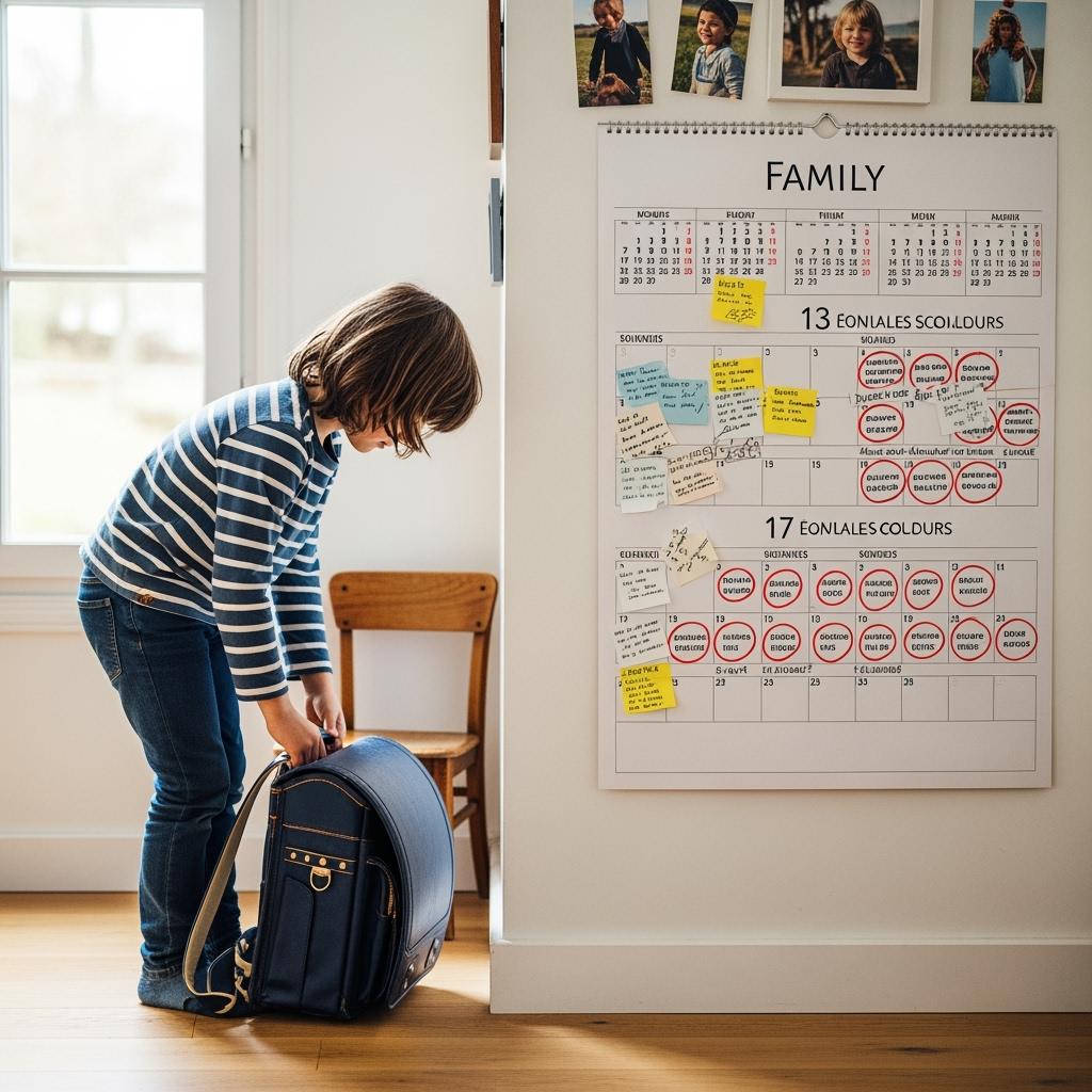 enfant posant son cartable à côté d’un calendrier familial accroché au mur, des dates colorées entourées en rouge, représentant l’organisation des vacances scolaires, lumière naturelle douce, intérieur moderne français.