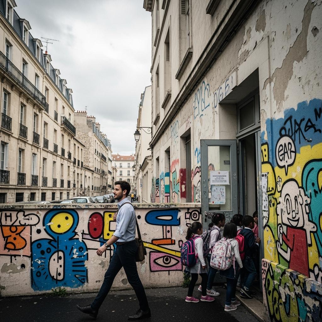 Young male teacher walking in front of a modest urban French school, graffiti walls, children entering the school, cloudy sky, realistic urban background, serious but hopeful expression, photojournalistic style
