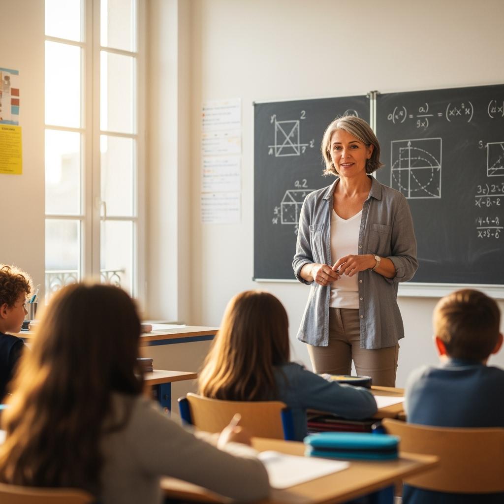 Experienced female primary school teacher in her 50s teaching in a well-lit French classroom, children blurred in the background, blackboard with math drawings, warm tones, hyperrealistic photography