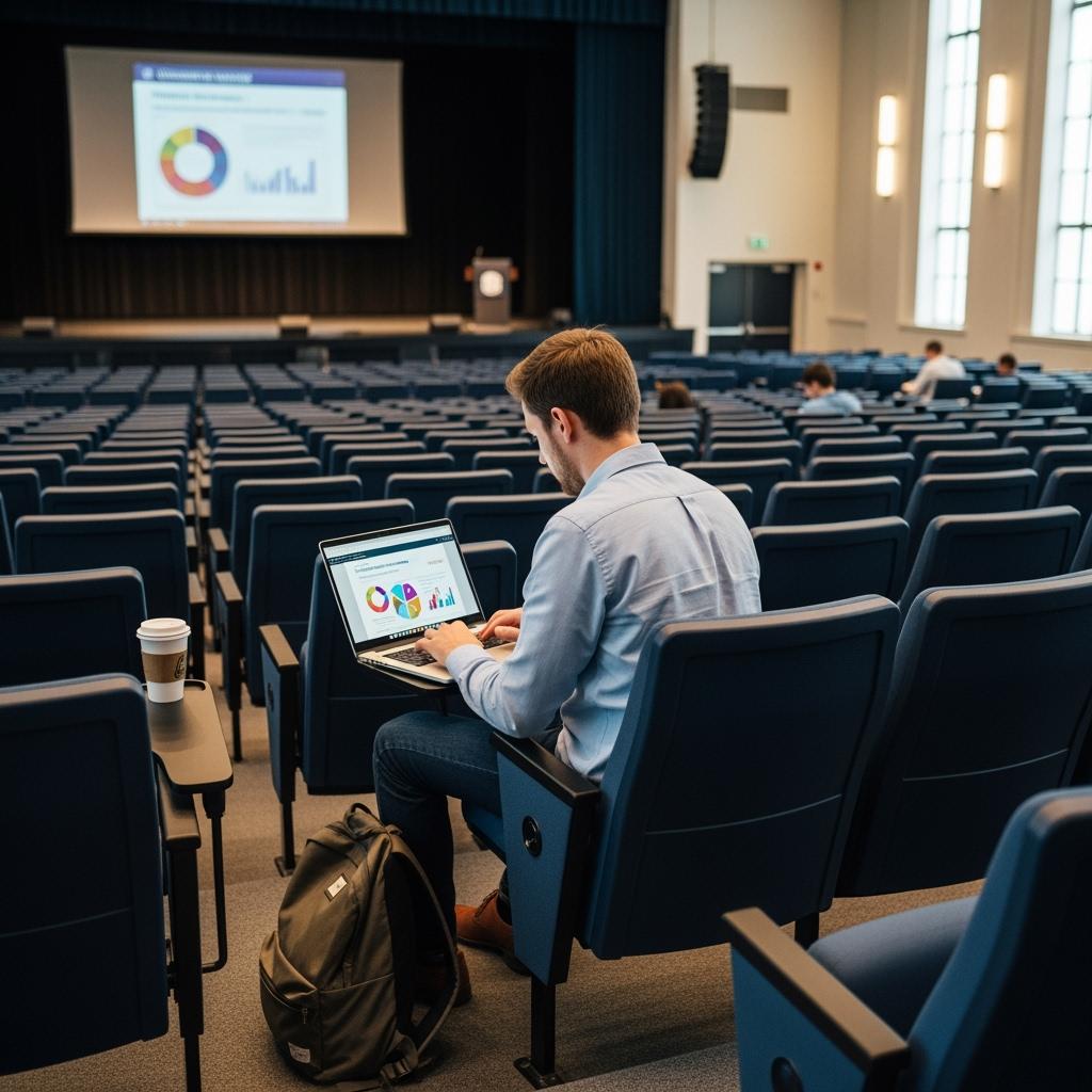 etudiant en ecole de commerce travaille sur son laptop en amphi