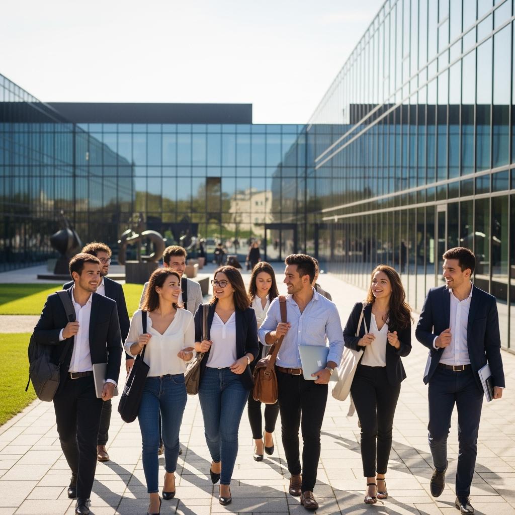 business school students walking on a sunny modern university campus in France, smart casual outfit