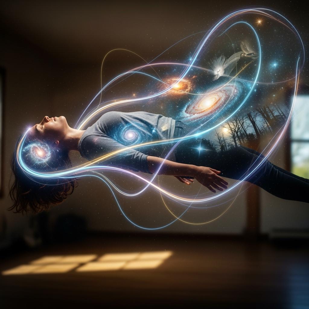 “Photorealistic image of a person in deep hypnosis, eyes closed, floating surreal light around them, blending reality and dreamlike visions. Soft focus, mystical yet realistic mood.”