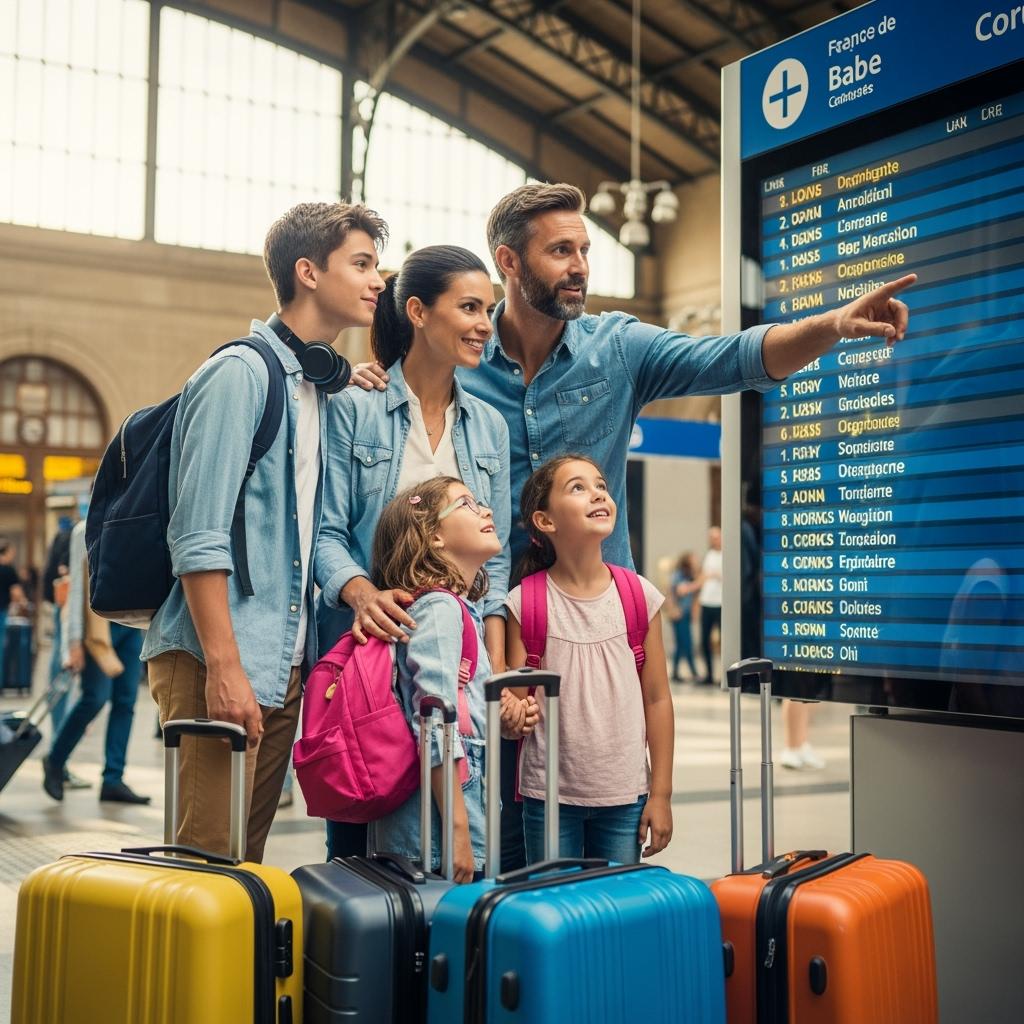famille française à la gare avec des valises modernes, regardant un grand panneau d’affichage numérique, ambiance départ en vacances, couleurs vives, style photo reportage.
