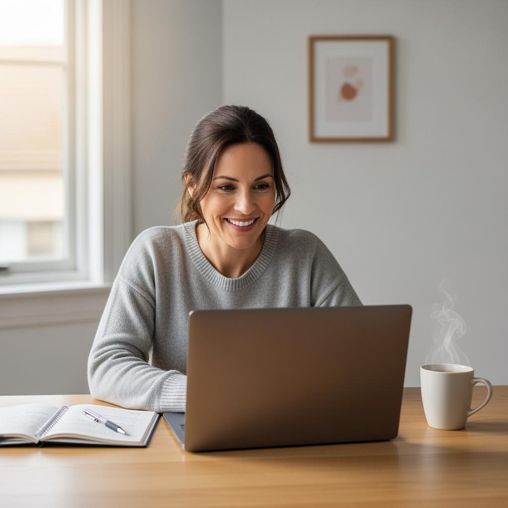 A 40-year-old woman smiling confidently while working on a digital marketing project on her laptop at home, with notebooks and coffee, minimalistic interior, daytime light