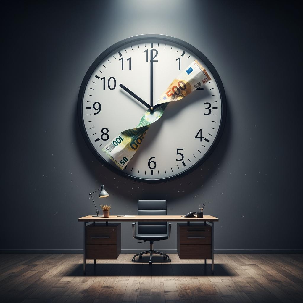 Montage réaliste d’une grande horloge murale dont les aiguilles sont faites de billets d’euros froissés. Arrière-plan sombre, fond de bureau d’entreprise déserté.