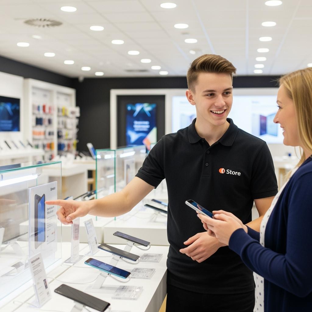 eune étudiant en alternance dans un magasin de téléphonie, aidant un client à choisir un smartphone