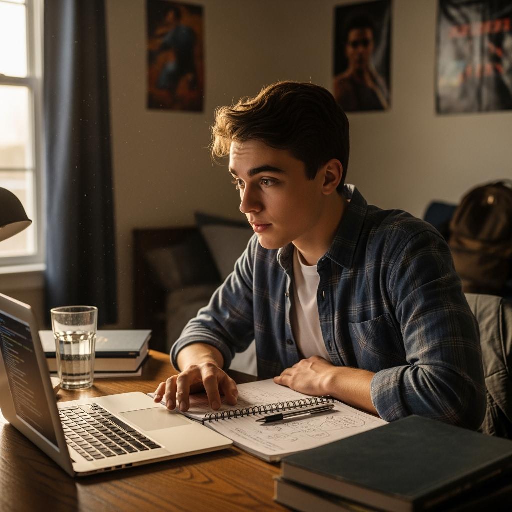 Un lycéen de 18 ans, assis à son bureau, regarde son ordinateur avec un cahier ouvert à côté