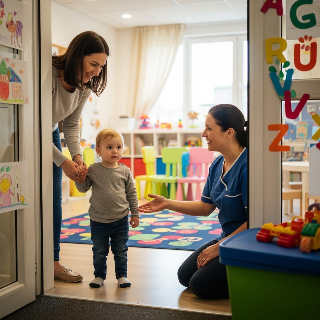 “Mother and toddler entering daycare for first time, caregiver welcoming them warmly at the door, cozy and colorful environment, high realism, emotional and tender tone”