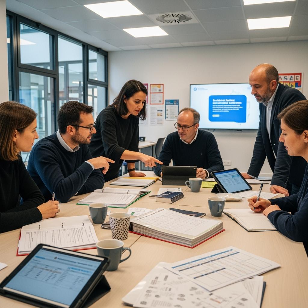 Group of French primary school teachers gathered around a table in a modern staff room, discussing lesson plans or salary documents, coffee cups, tablets and printed schedules, realistic lighting, collaborative mood, hyperrealistic style