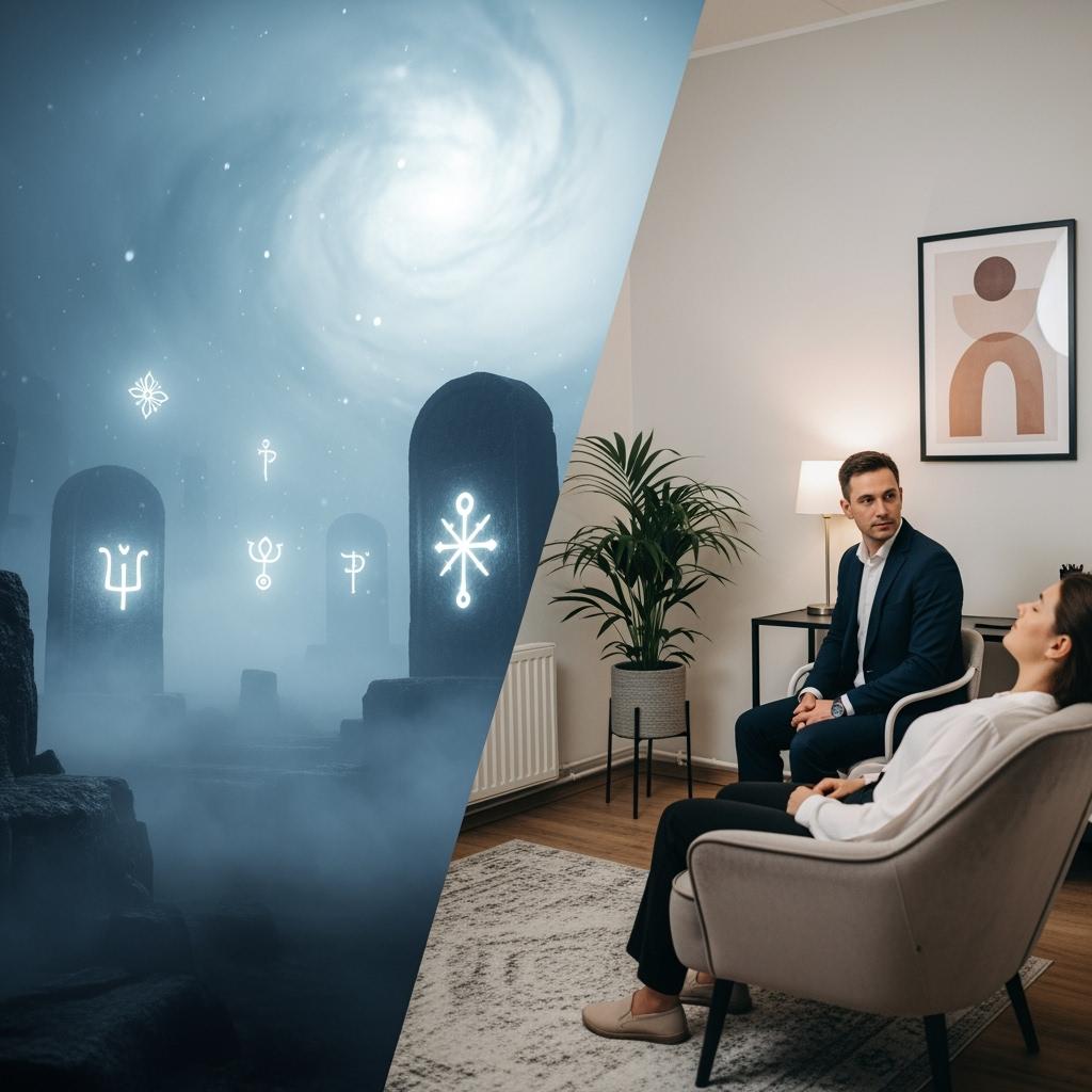Photorealistic split image: on the left, a dramatic mystical scene (fog, ancient symbols), on the right, a professional hypnosis session in a modern therapy office. Balancd contrast, realistic detail.