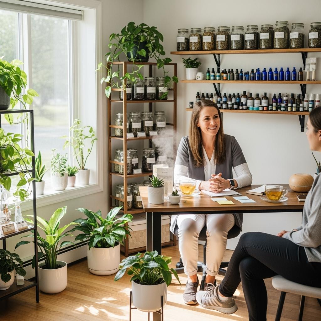 image of a professional naturopath in a bright and serene office, surrounded by plants, herbal jars, and essential oils, discussing with a young adult client, natural light coming from a large window, warm and calming atmosphere