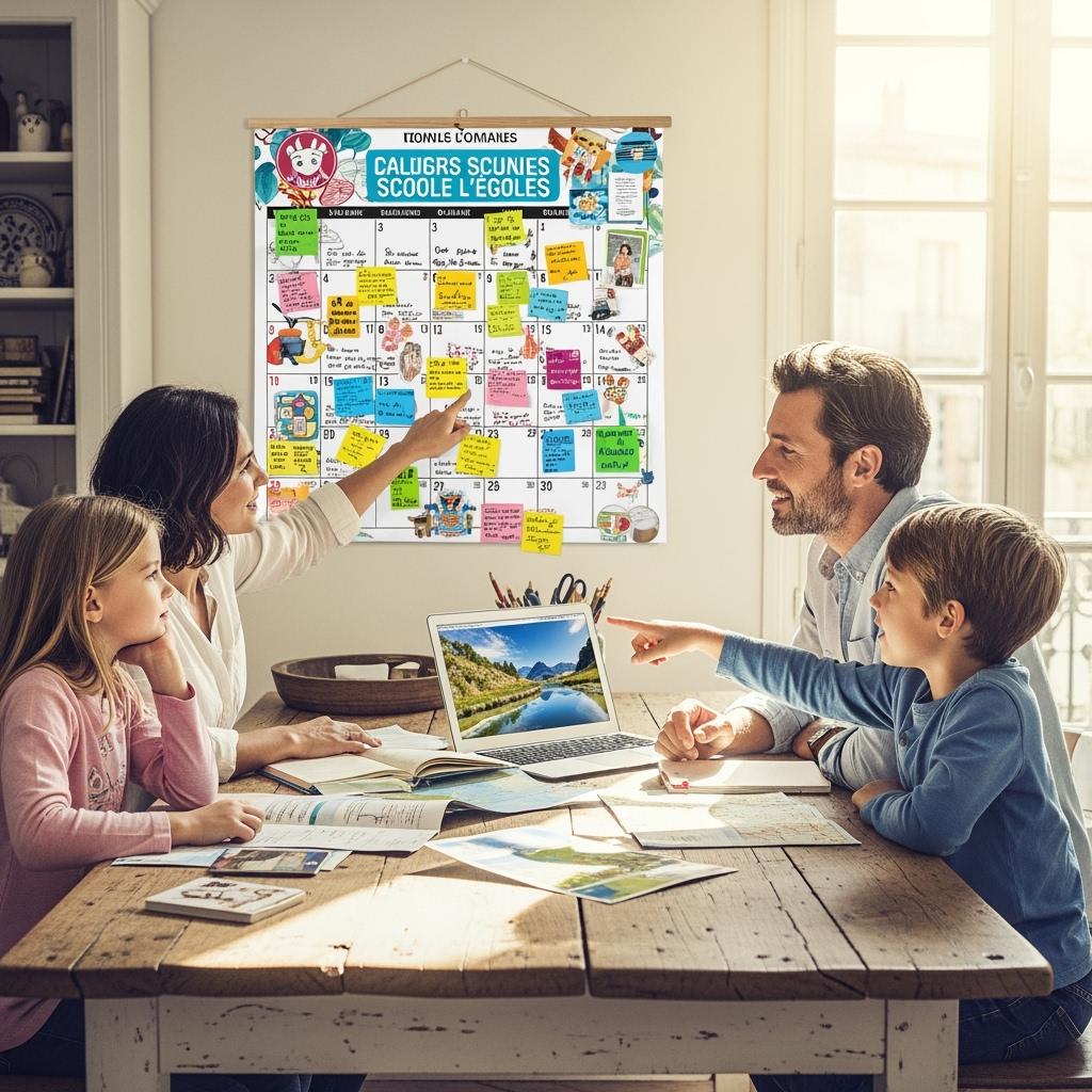 couple de parents assis devant un ordinateur portable, réservant leurs vacances scolaires en ligne, avec un écran affichant des offres de séjours, lumière du matin, intérieur cosy et réaliste.