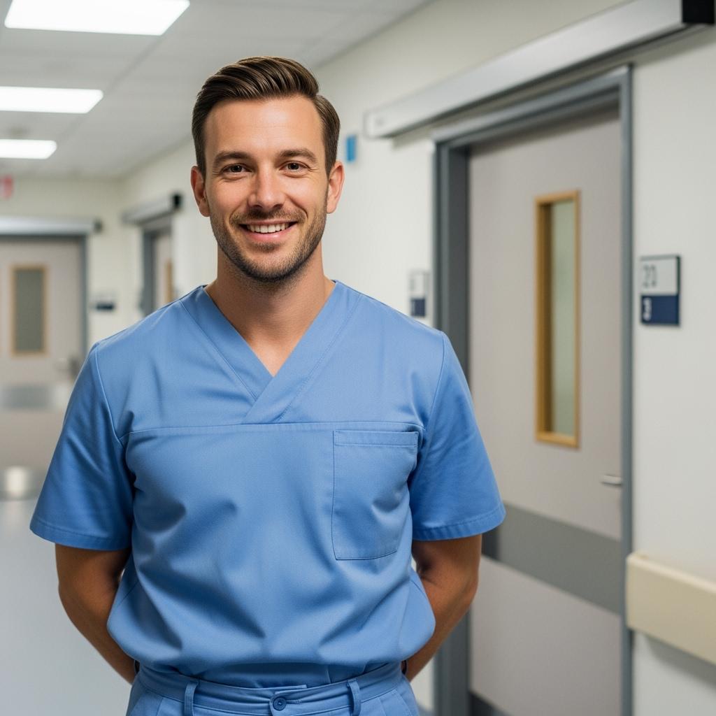 Close-up portrait of a confident male hospital orderly wearing a blue uniform, standing in front of hospital room doors. Smiling, hands behind back. Hyper-realistic, depth of field effect.