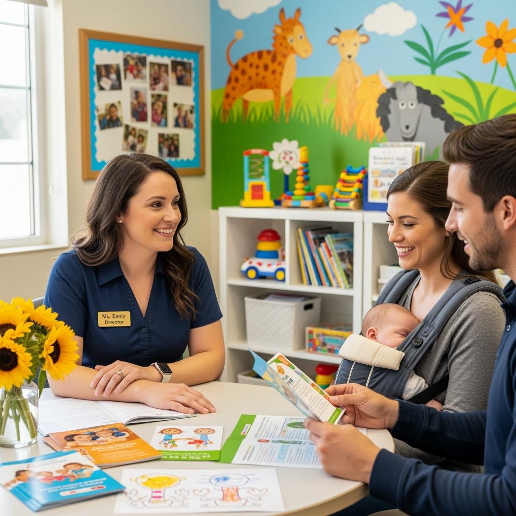 “Friendly female daycare director talking to young parents in an office, brochures on the table, child-friendly decor in background, authentic expressions, realistic lighting”