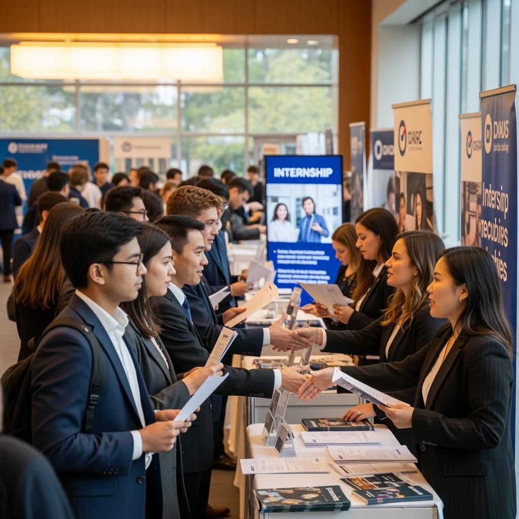 Salon de recrutement pour alternance, jeunes candidats en file pour présenter leur CV à des recruteurs d’entreprise