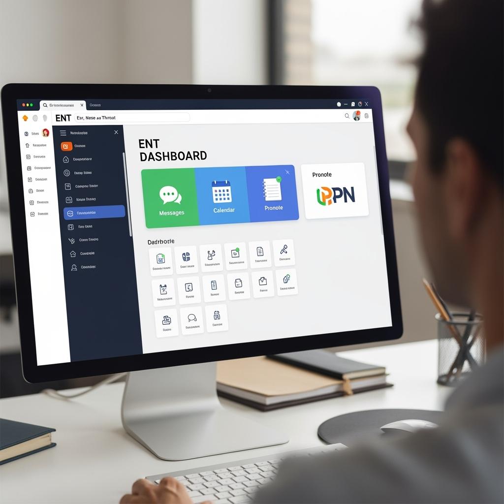Over-the-shoulder view of a computer screen displaying the ENT dashboard with icons like messages, calendar, Pronote, clean and colorful interface, high-resolution office setting
