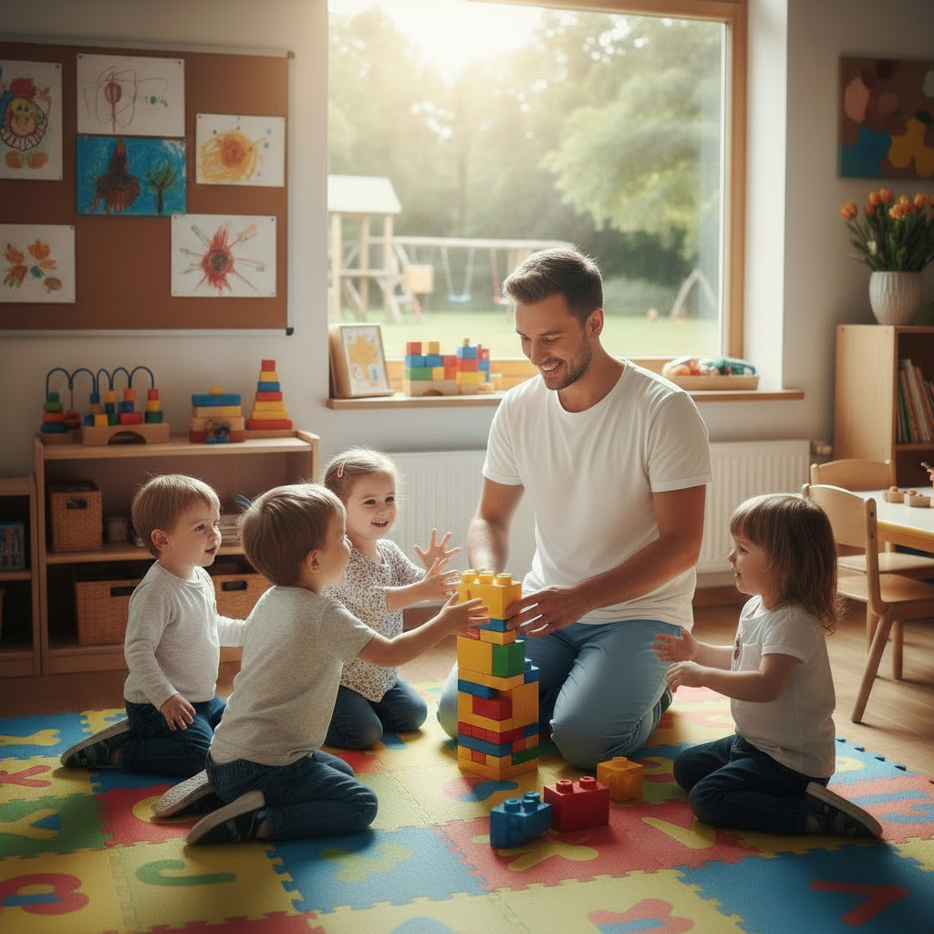 Un apprenti éducateur assis au sol avec des enfants de 3-4 ans, jouant avec des blocs de construction colorés, salle de classe lumineuse