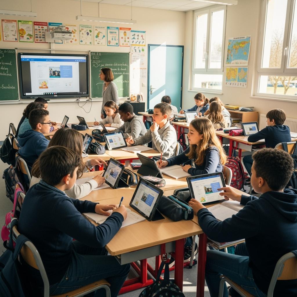 classroom in a French middle school with digital whiteboards, tablets on desks, students working in pairs, bright and organized.
